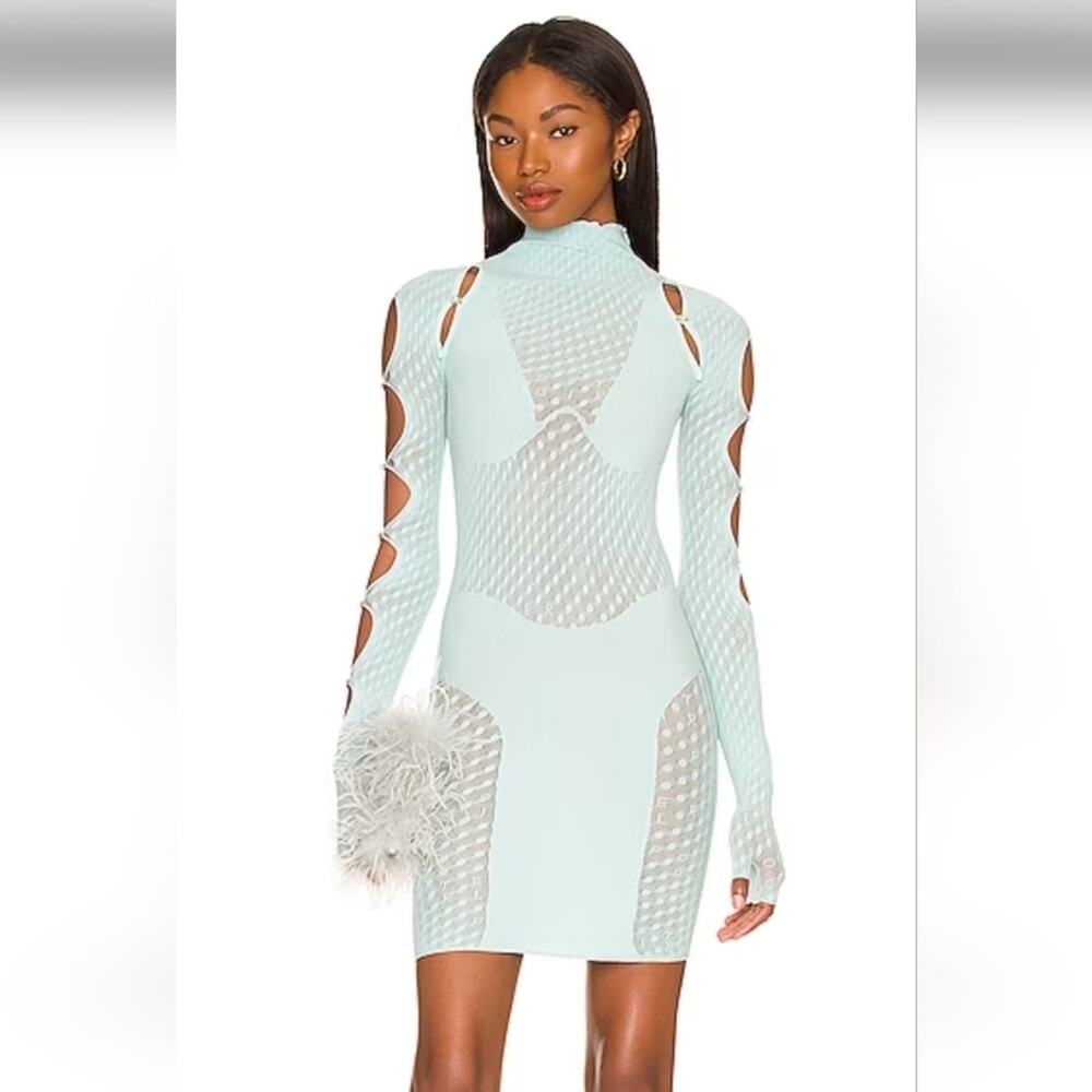 Poster Girl Cassia Dress Soft Turquoise One Size Long Sleeve Cut Out Semi Sheer